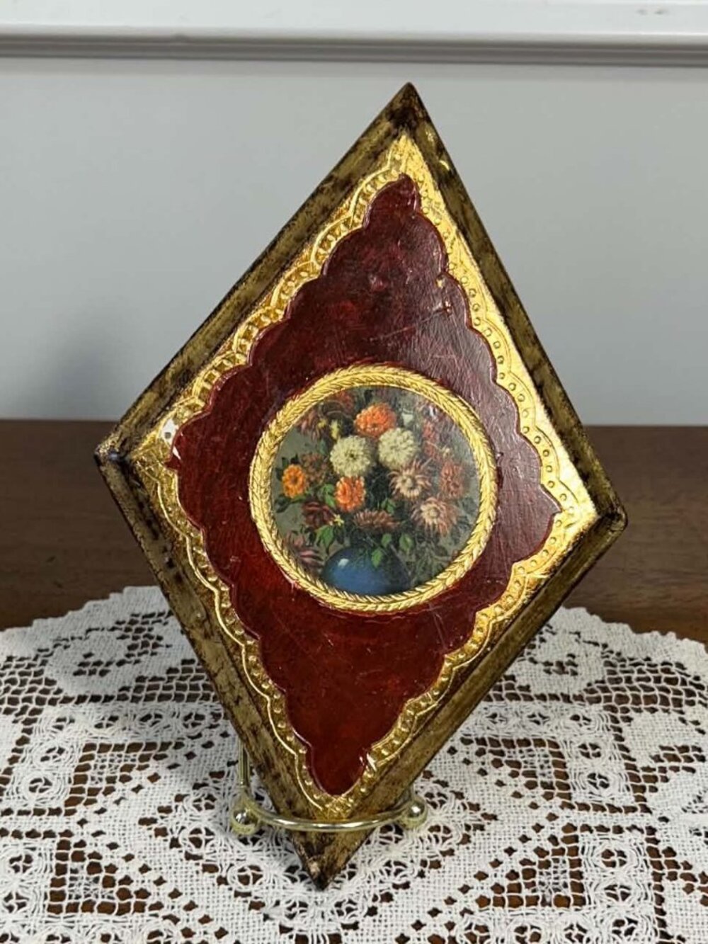 Vintage Florentine Gilt Wood Diamond Wall Plaque Still Life Print